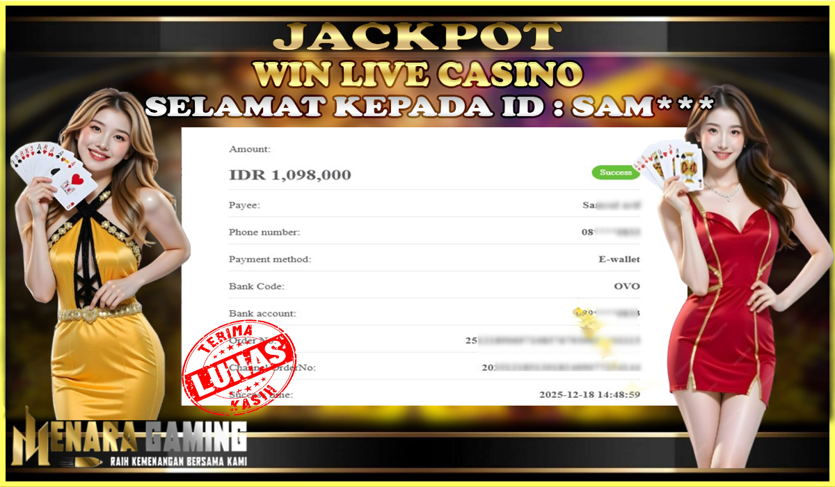 MENARAGAMING JACKPOT LIVE CASINO Rp. 1.000.000,- LUNAS