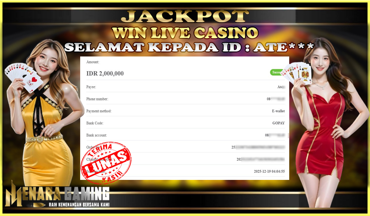 MENARAGAMING JACKPOT LIVE CASINO Rp. 2.000.000,- LUNAS