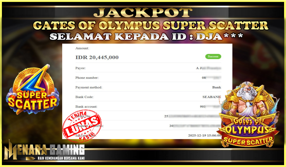 MENARAGAMING JACKPOT PRAGMATIC PLAY GATES OF OLYMPUS SUPER SCATTER Rp. 20.000.000,- LUNAS