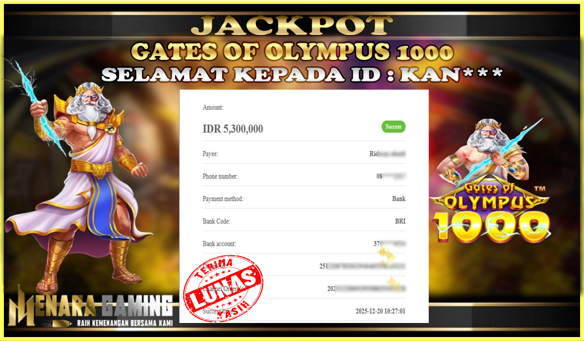 MENARAGAMING JACKPOT PRAGMATIC PLAY GATES OF OLYMPUS 1000 Rp. 5.000.000,- LUNAS