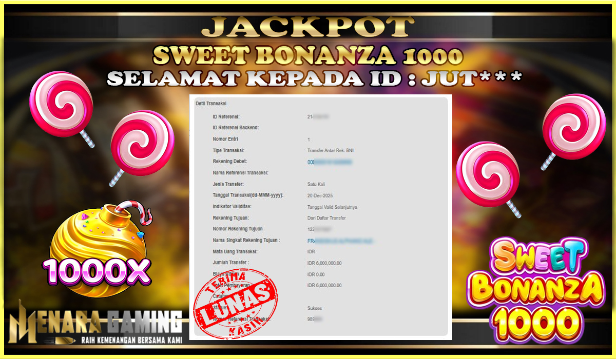 MENARAGAMING JACKPOT PRAGMATIC PLAY SWEET BONANZA 1000 Rp. 6.000.000,- LUNAS
