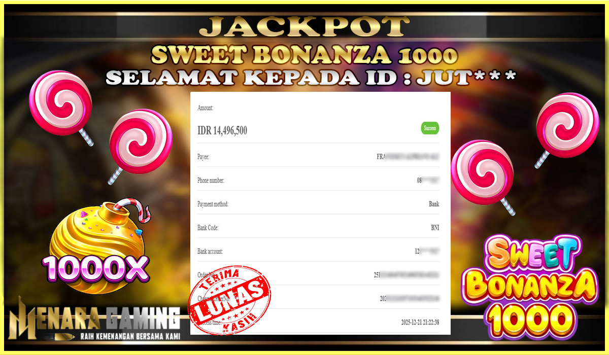 MENARAGAMING JACKPOT PRAGMATIC PLAY SWEET BONANZA 1000 Rp. 14.000.000,- LUNAS