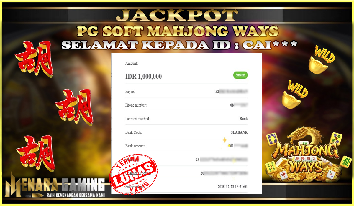 MENARAGAMING JACKPOT PG SOFT MAHJONG WAYS Rp. 1.000.000,- LUNAS