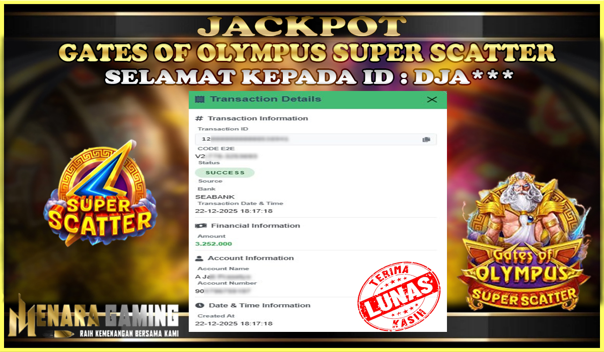 MENARAGAMING JACKPOT PRAGMATIC PLAY GATES OF OLYMPUS SUPER SCATTER Rp. 3.000.000,- LUNAS