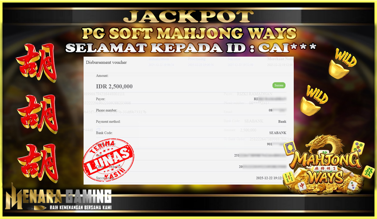 MENARAGAMING JACKPOT PG SOFT MAHJONG WAYS Rp. 2.000.000,- LUNAS
