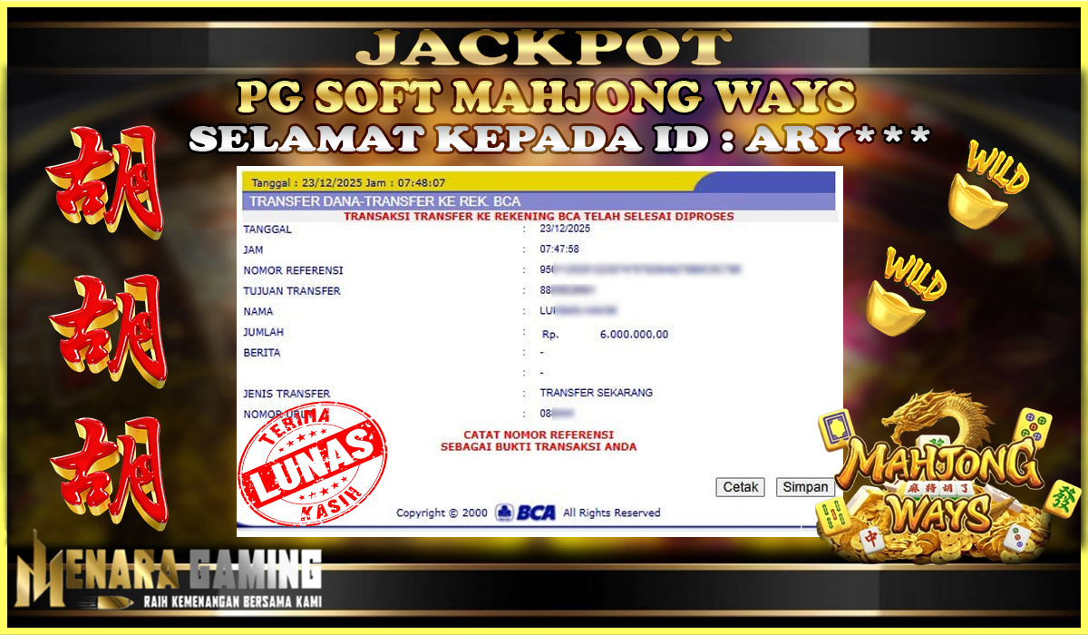 MENARAGAMING JACKPOT PG SOFT MAHJONG WAYS Rp. 6.000.000,- LUNAS
