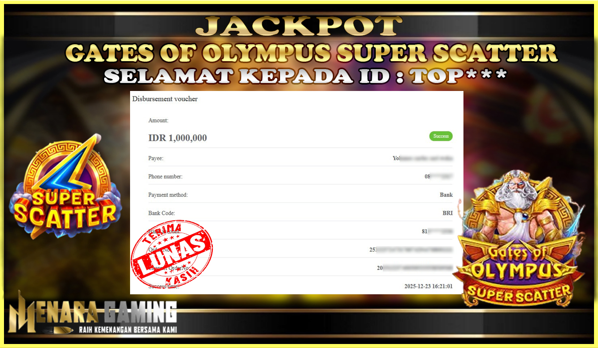 MENARAGAMING JACKPOT PRAGMATIC PLAY GATES OF OLYMPUS SUPER SCATTER Rp. 1.000.000,- LUNAS