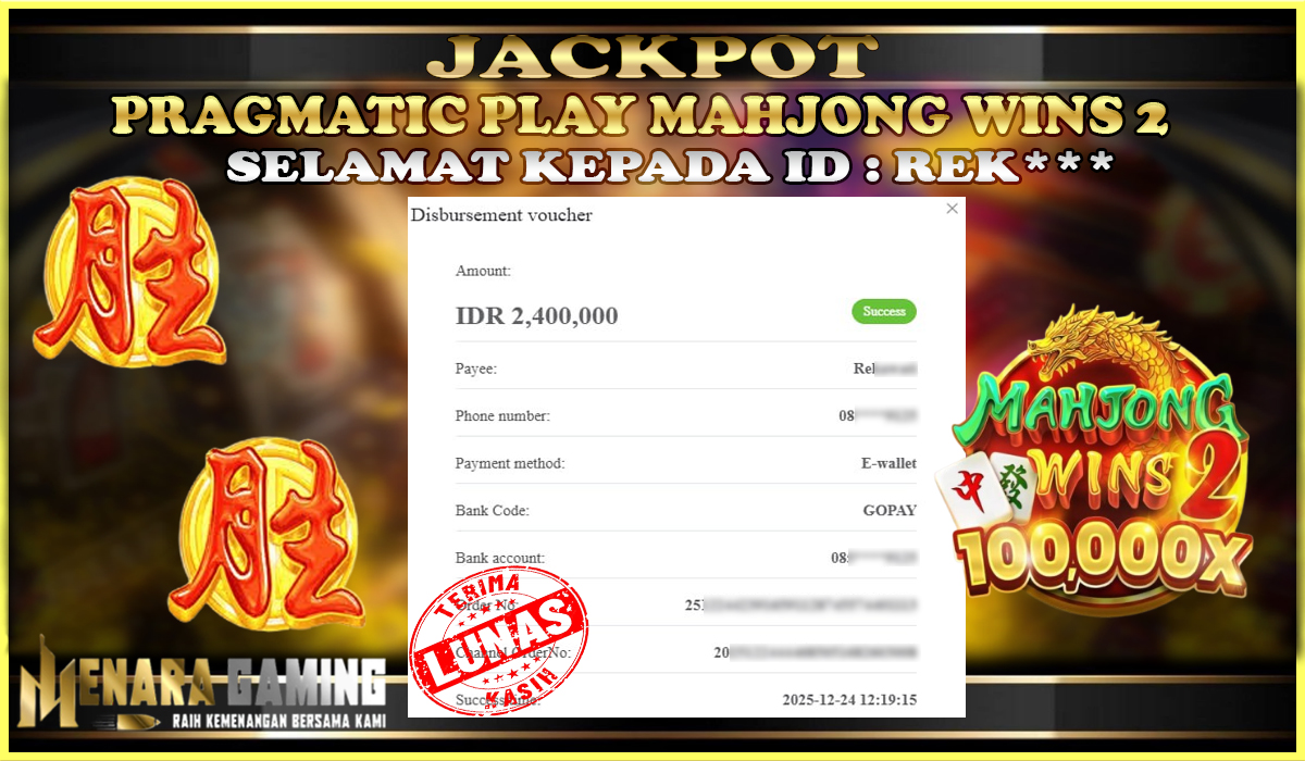 MENARAGAMING JACKPOT PRAGMATIC PLAY MAHJONG WINS 2 Rp. 2.000.000,- LUNAS