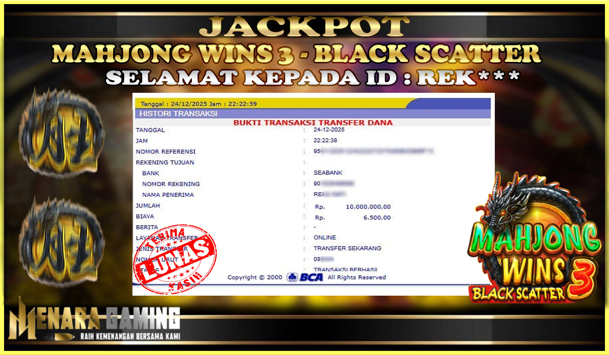 MENARAGAMING JACKPOT PRAGMATIC PLAY MAHJONG WINS 3 - BLACK SCATTER Rp. 10.000.000,- LUNAS