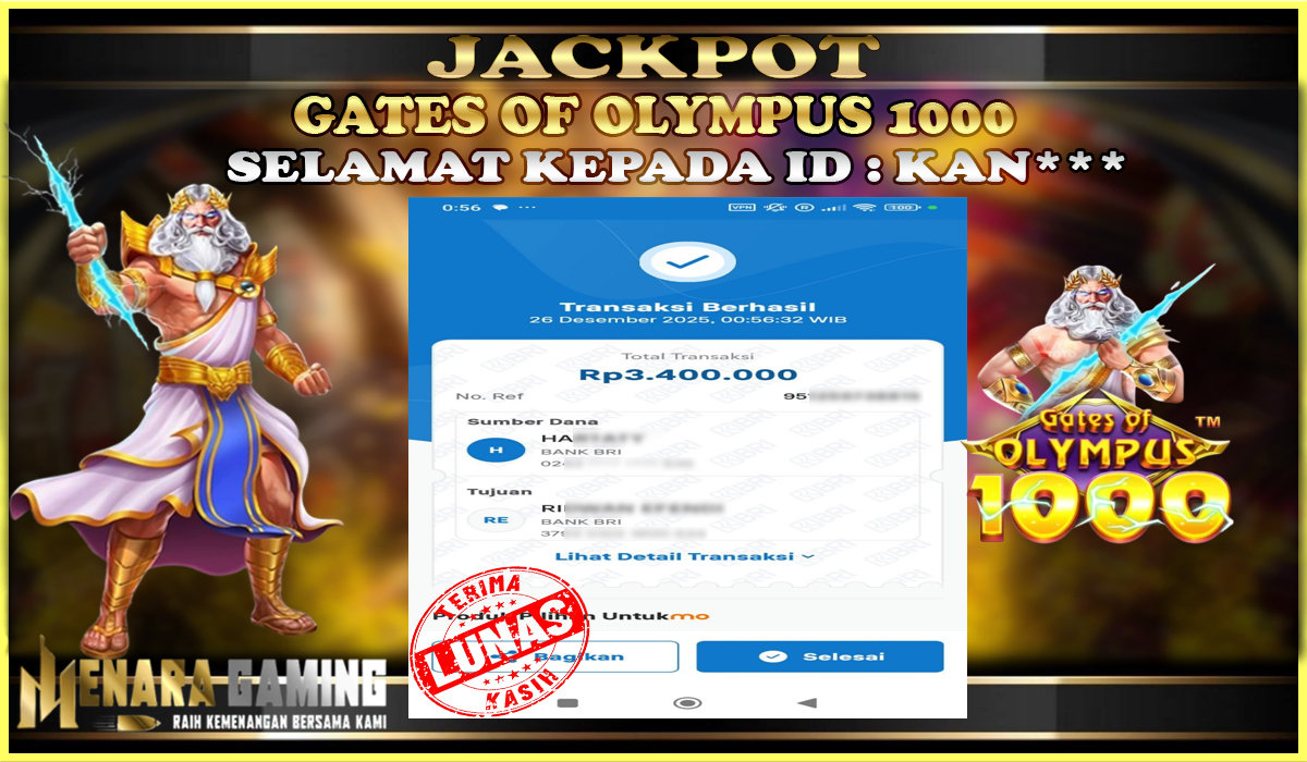 MENARAGAMING JACKPOT PRAGMATIC PLAY GATES OF OLYMPUS 1000 Rp. 3.000.000,- LUNAS