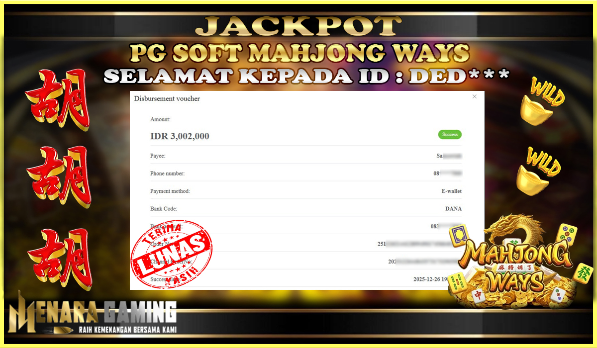 MENARAGAMING JACKPOT PG SOFT MAHJONG WAYS Rp. 3.000.000,- LUNAS