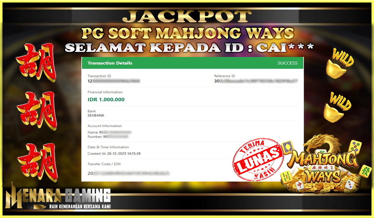 MENARAGAMING JACKPOT PG SOFT MAHJONG WAYS Rp. 1.000.000,- LUNAS