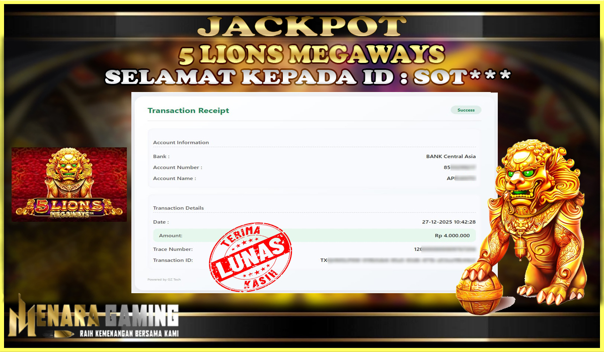 MENARAGAMING JACKPOT PRAGMATIC PLAY 5 LIONS MEGAWAYS Rp. 4.000.000,- LUNAS