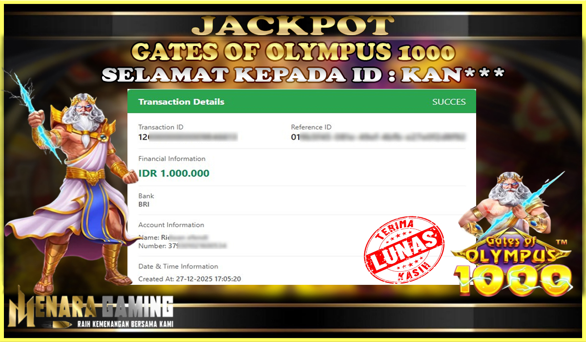 MENARAGAMING JACKPOT PRAGMATIC PLAY GATES OF OLYMPUS 1000 Rp. 1.000.000,- LUNAS