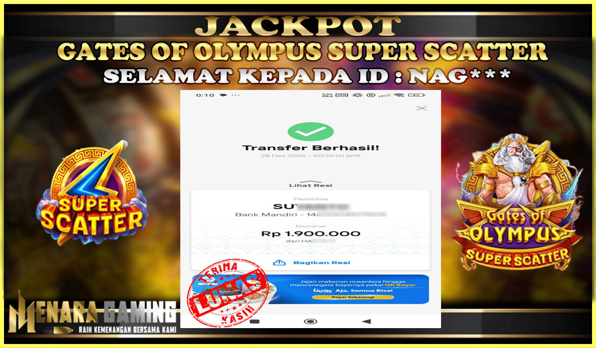 MENARAGAMING JACKPOT PRAGMATIC PLAY GATES OF OLYMPUS SUPER SCATTER Rp. 1.000.000,- LUNAS
