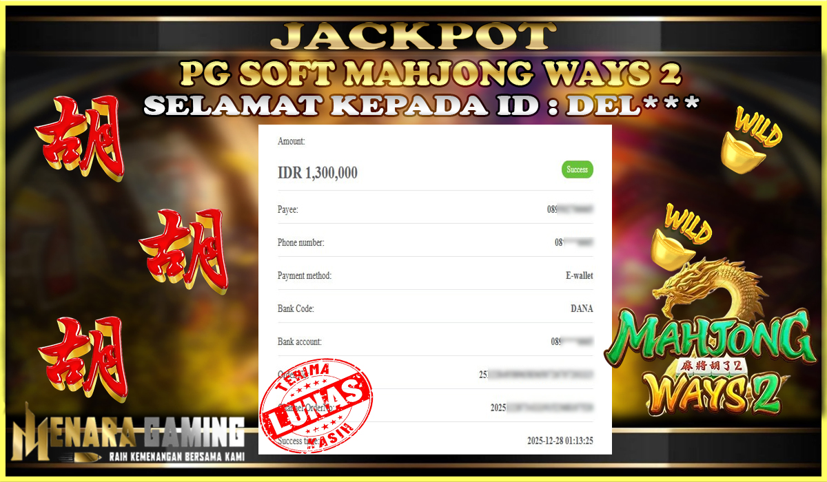 MENARAGAMING JACKPOT PG SOFT MAHJONG WAYS 2 Rp. 1.000.000,- LUNAS