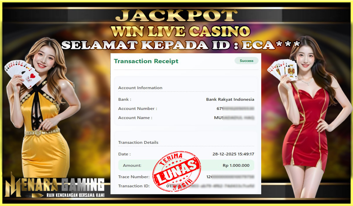 MENARAGAMING JACKPOT LIVE CASINO Rp. 1.000.000,- LUNAS