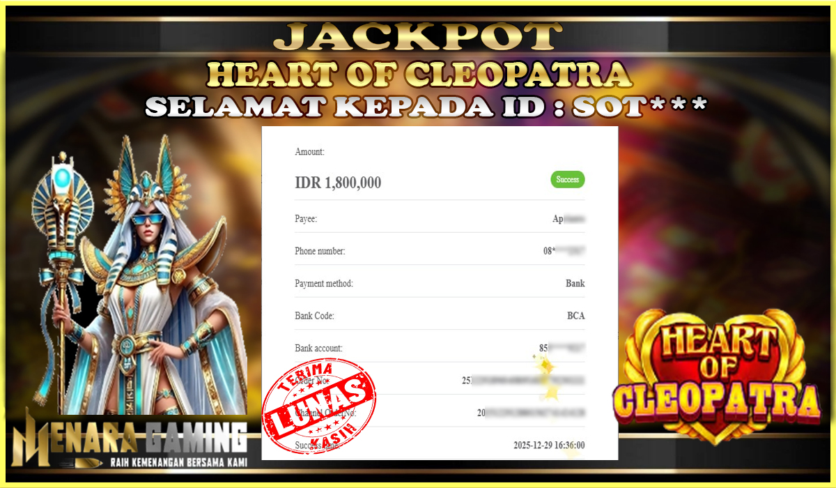 MENARAGAMING JACKPOT PRAGMATIC PLAY HEART OF CLEOPATRA Rp. 1.000.000,- LUNAS