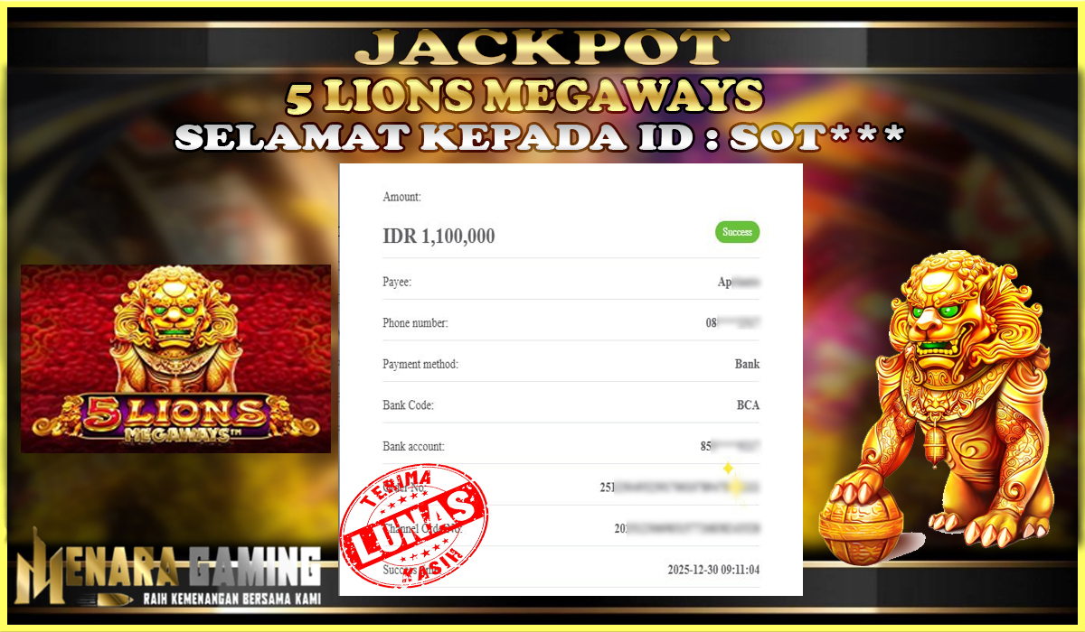 MENARAGAMING JACKPOT PRAGMATIC PLAY 5 LIONS MEGAWAYS Rp. 1.000.000,- LUNAS